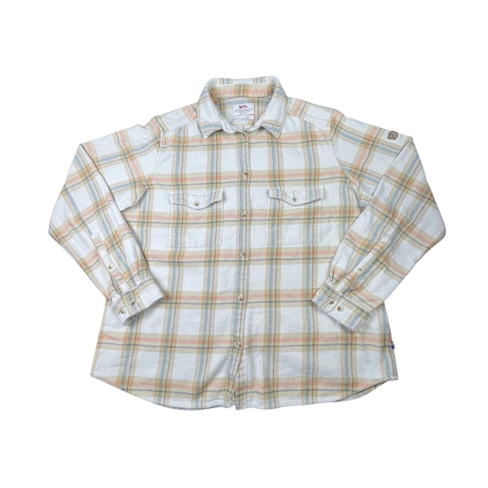 Fjällräven Womens Cream Plaid Relaxed Fit Övik Heavy Flannel Button-Up Shirt L